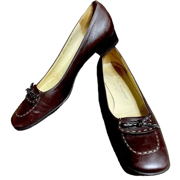 SALVATORE FERRAGAMO vintage Contrast Stitch Bow Flat - Picture 1 of 9